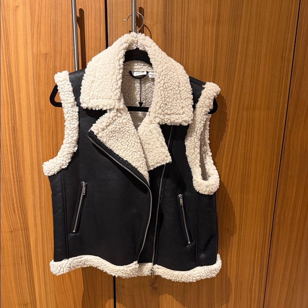 Noisy May Black Faux Leather Shearling Vest with Cream Lining